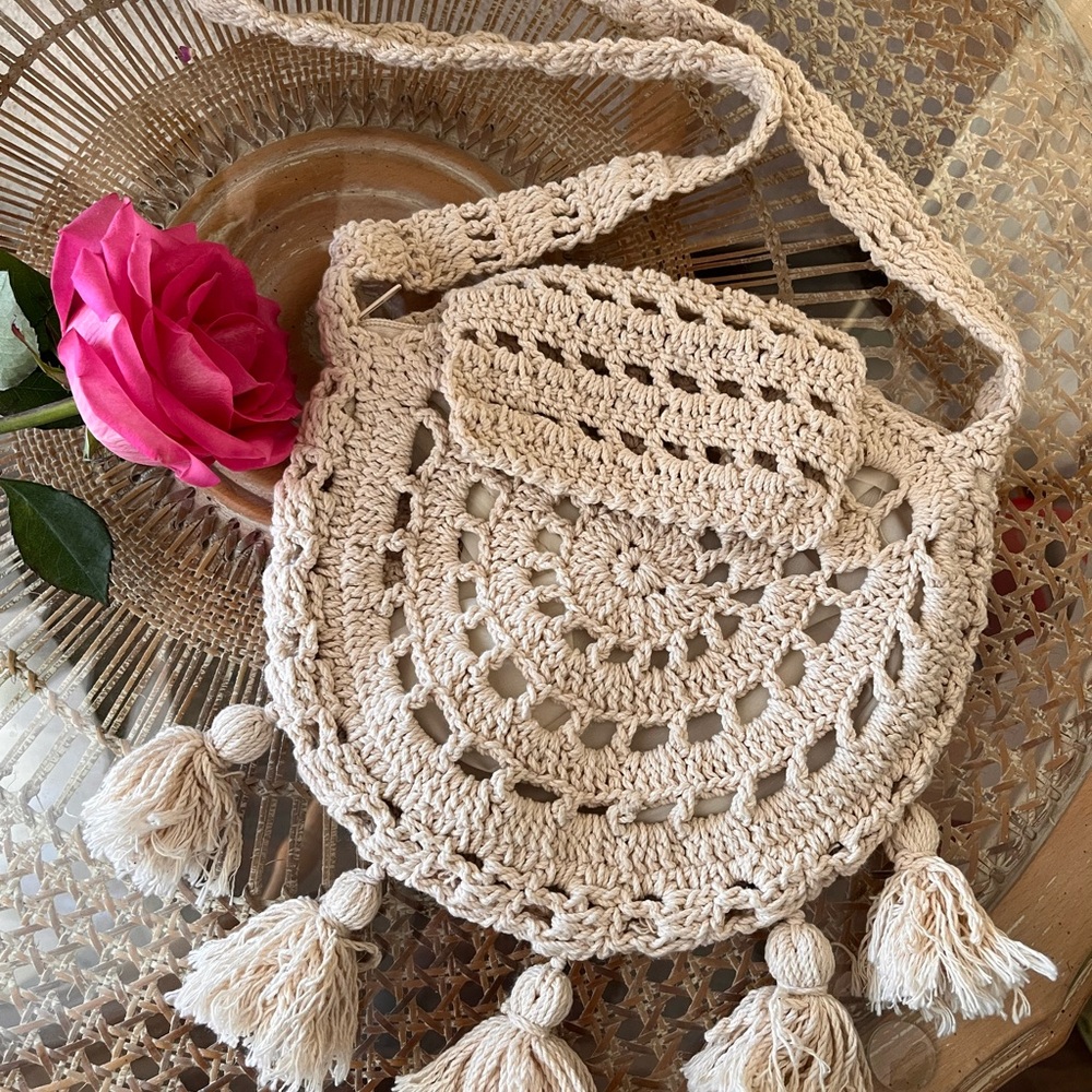 Crochet rustic handbag tassel shoulder purse